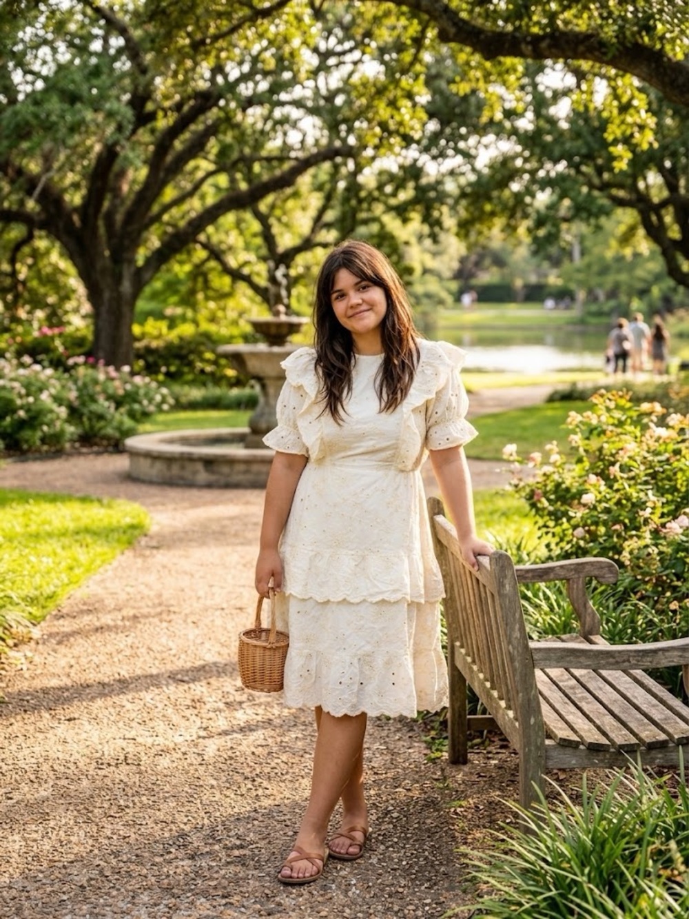 Polagram Cream Eyelet Ruffled Midi Dress